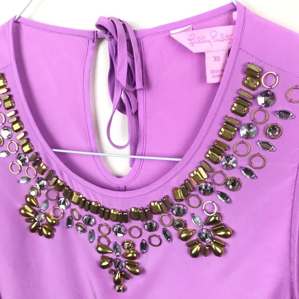 Lilly Pulitzer Havana 100% Silk Pink Embellished Jeweled Neck Blouse Top 58738 - Picture 4 of 8
